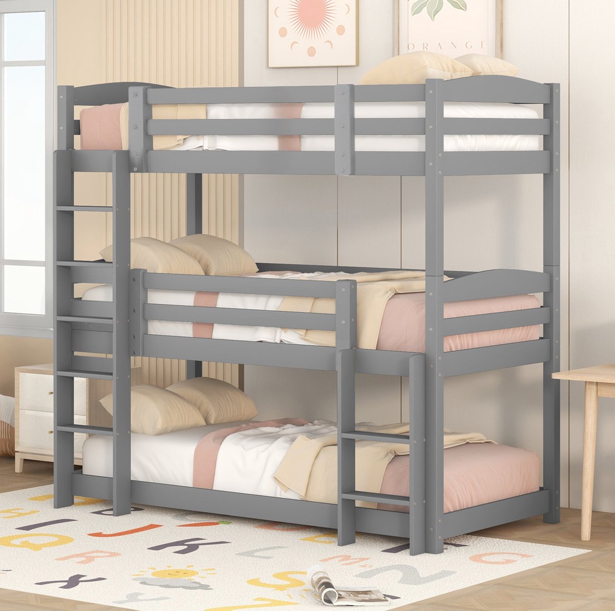 MEUNIQ 3-laags stapelbed 90 x 200 cm voor kinderen – grijs houten bedframe met 2 ingebouwde ladders, uitvalbeveiliging en lattenbodems
