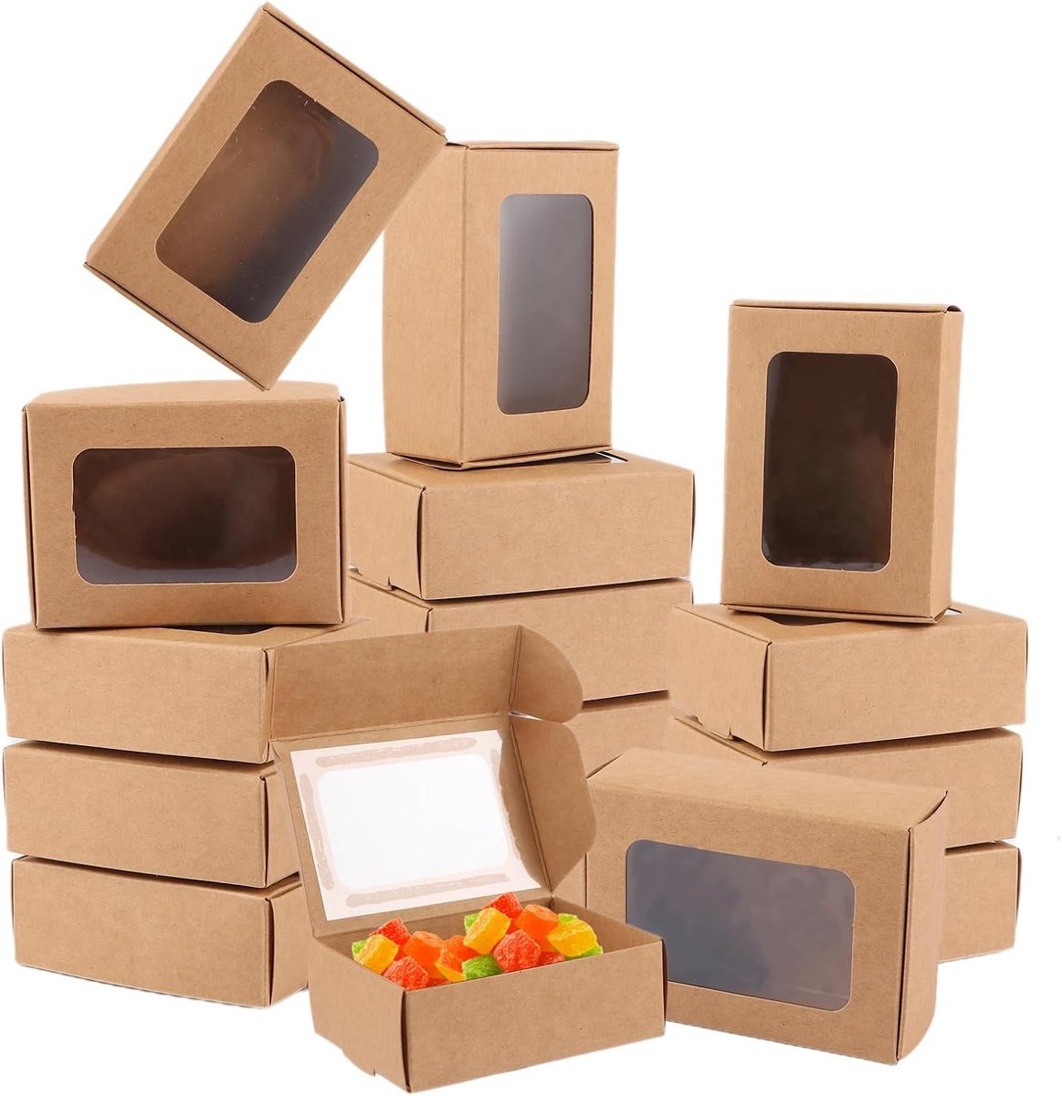 Set van 100 kraft papieren cupcake dozen met venster, 85 x 60 x 30 mm, ideaal voor gebak, koekjes en desserts