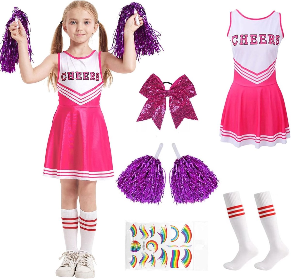 Cheerleader Kostuum voor Kinderen en Volwassenen, Inclusief Pompoms, Strikken en Sokken voor Carnaval en Halloween, Geschikt voor Meisjes en Jongens