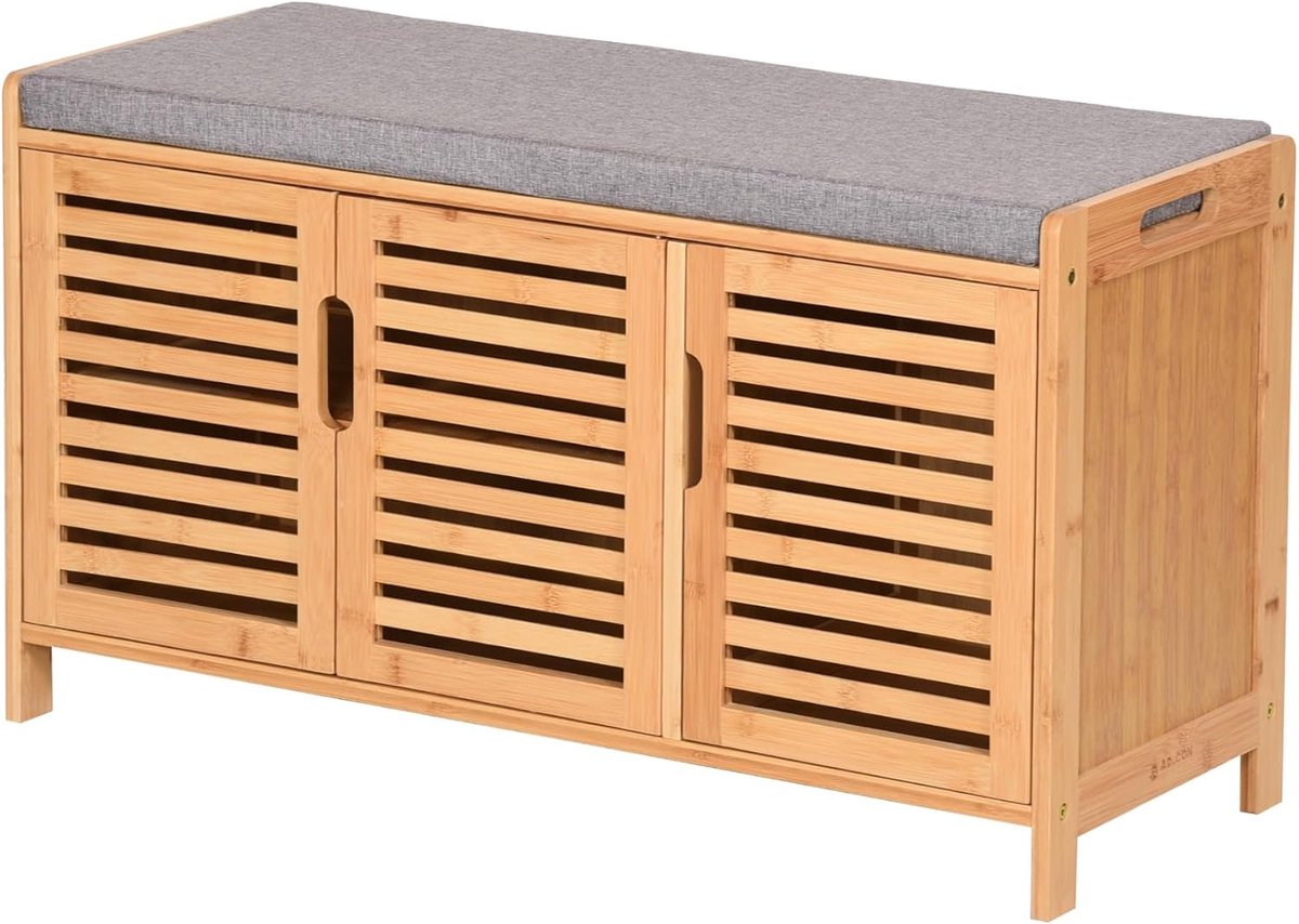 Schoenenkast van bamboe met zitbank, schoenenbank met 3 vakken, zitkussen, schoenenkast, opbergkast voor hal, entree 50 x 90 x 35 cm (grijs)
