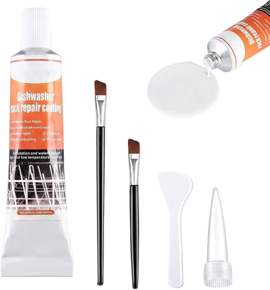 Vaatwasser mand roest reparatie set wit 50ml - voor vaatwasser incl. 2 borstels, schraper & punt - waterdichte vaatwasser mand reparatie rubber tegen vliegroest & corrosie