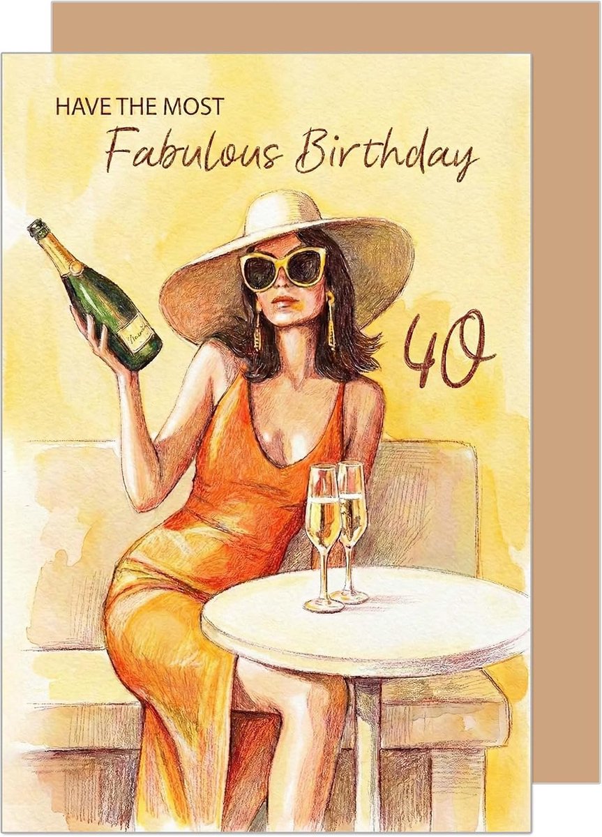 Seidel Premium Wenskaart voor de 40e verjaardag met envelop. Kaart, verjaardagskaart, groetkaart, spreuk, spreuken, Engels, vrouw, vriendin, collega, champagne, jurk, modieus, getal (G4149