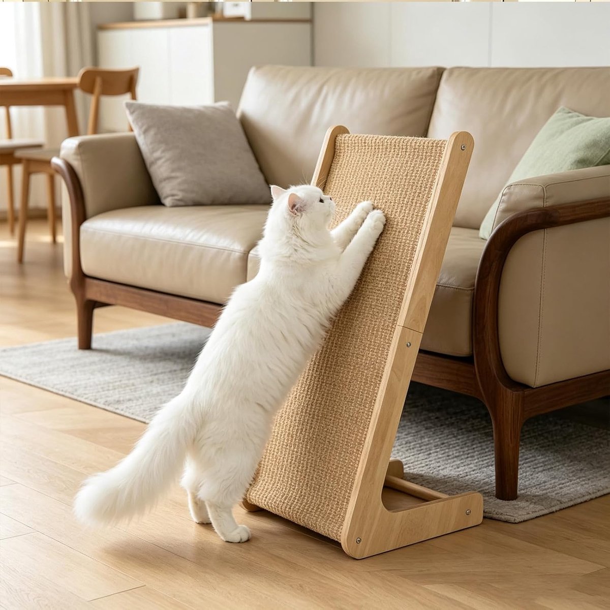 Krabplank voor katten, 69 cm hoog, L-vormige dual-use sisal krabzuil, hellingkrabber voor katten van massief hout en natuurlijk sisal voor muur en vloer, meubelbescherming