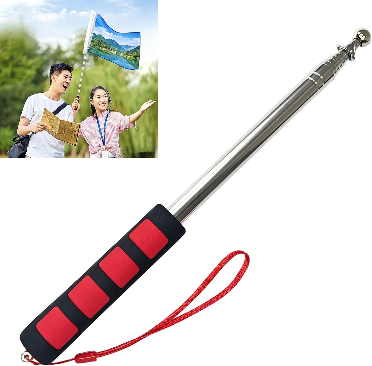 Vlaggenmast, draagbaar, handheld - 1 stuk, rood, vlaggenmast van roestvrij staal, geschikt voor het ophangen van vlaggen en banners bij reizen, outdooractiviteiten enz