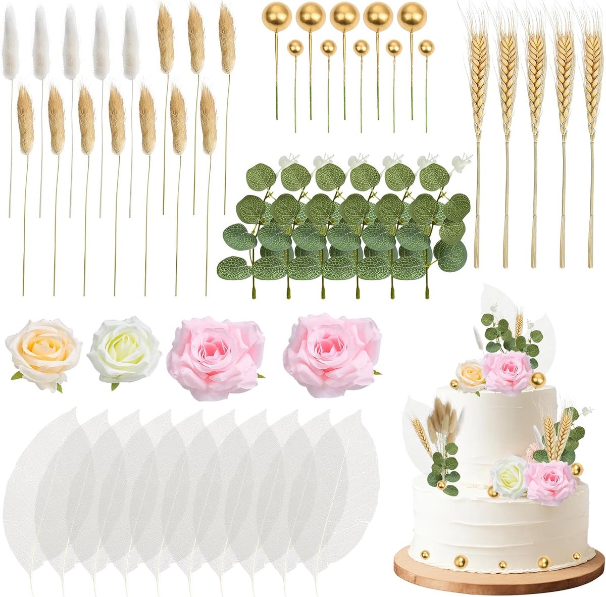 50 stuks boho taartdecoraties, taartdecoratie met natuurlijke gerst, hondenstaartgras, aderen, taartdecoratie bloemen met kunstrozen, eucalyptusbloemen, gouden ballen voor bruiloft, verjaardag, feest