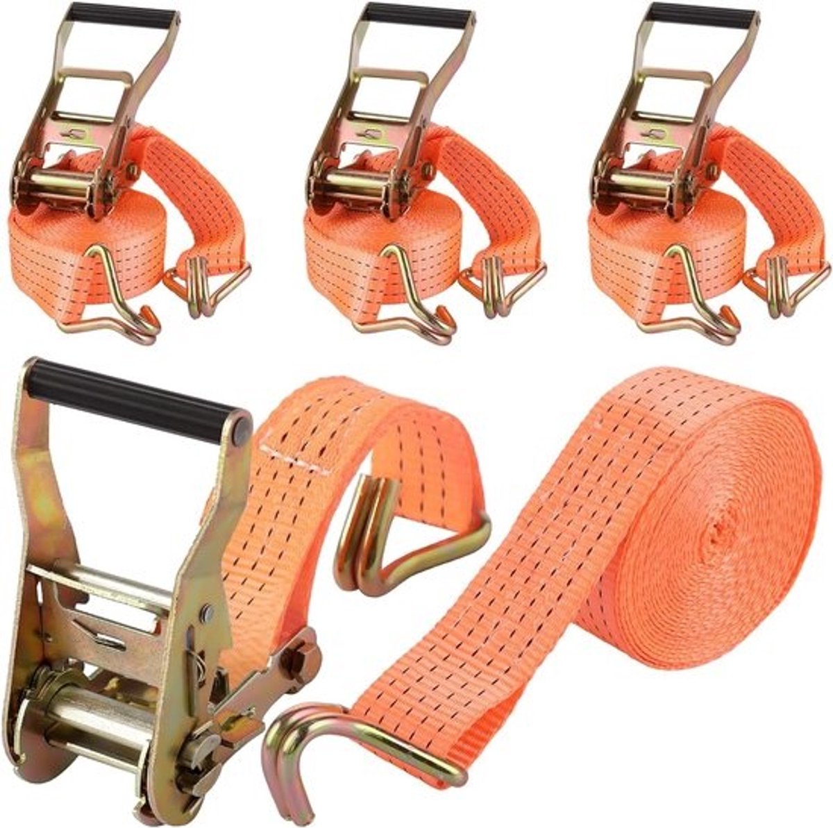 4 Pieces Lashing Straps 3 kg met Spring 6 m x 50 mm - Oranje Tie Down Straps met Hooks - Lashing Straps voor Trailer - Motorfiets - Auto - Goederen