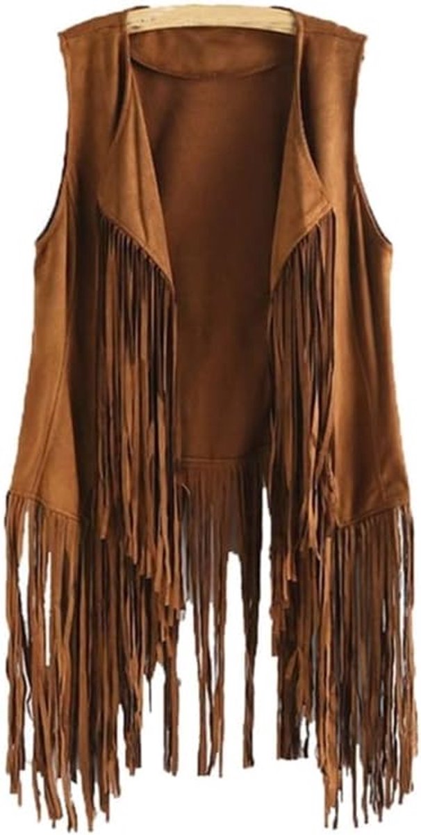Damesvest met franjes van synthetisch suède, mouwloos, met kwastjes, kaki, XL