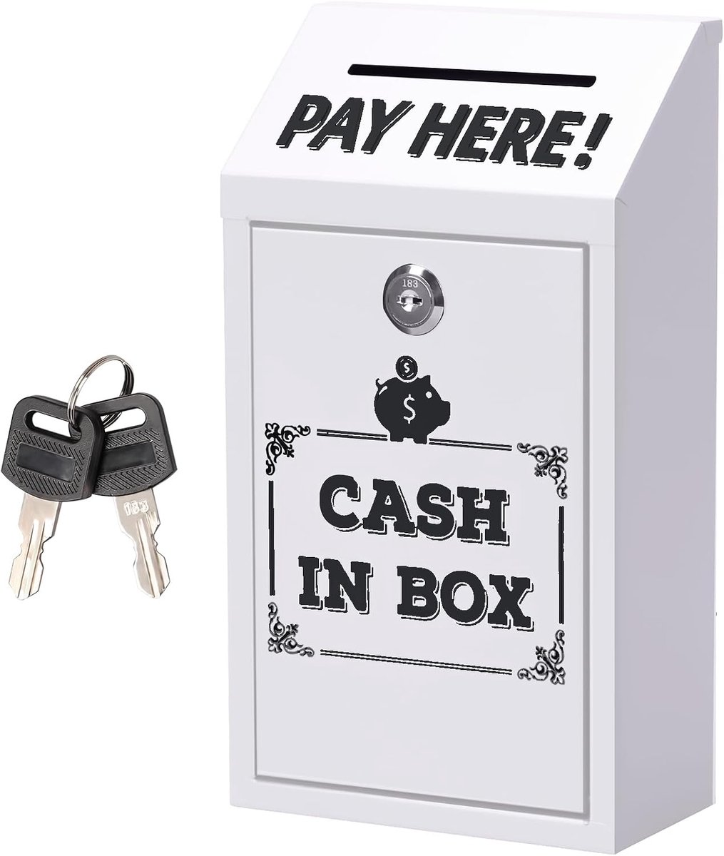 Geldcassette met sleutel, metalen spaarpot, verzameldoos, wandmontage, afsluitbare doos, draagbare kassa voor thuis, kantoor, buitendeur, metalen donatieverzameldoos, veilige voorsteldoos, inwerpsleuf