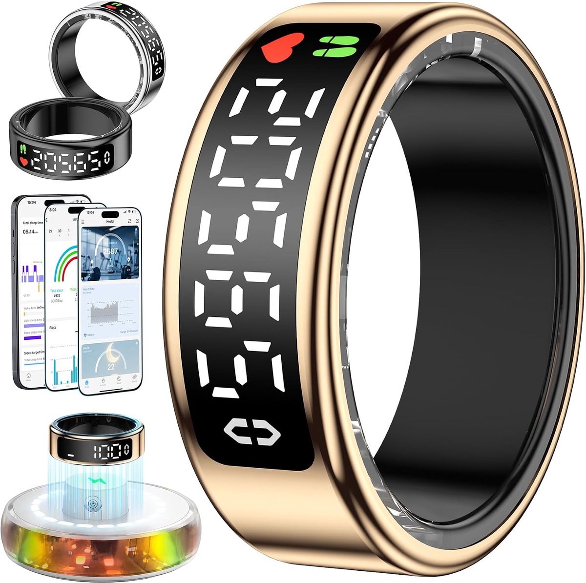 2025 Slimme Ring voor Mannen Vrouwen, Fitness Tracker Ring IP68 Waterdicht, Gezondheid Slaap Tracker Ringen met LED Scherm Compatibel iOS/Android/Activiteit/Hartslag/SpO2/Slaap/Stress