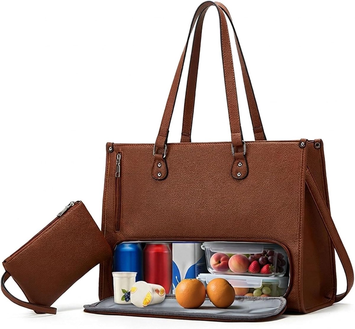 Lunchtas voor dames, laptoptas van leer met geïsoleerd lunchvak, 3-in-1 lunchtas, handtas, multifunctionele draagtas, computertas voor business, kantoor, school (C-donkerbruin)