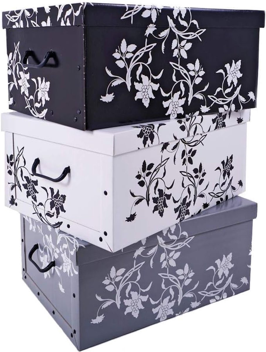 Opbergdozen, inhoud 45 liter, barok bloemenpatroon, set van 3, wit/zwart/grijs
