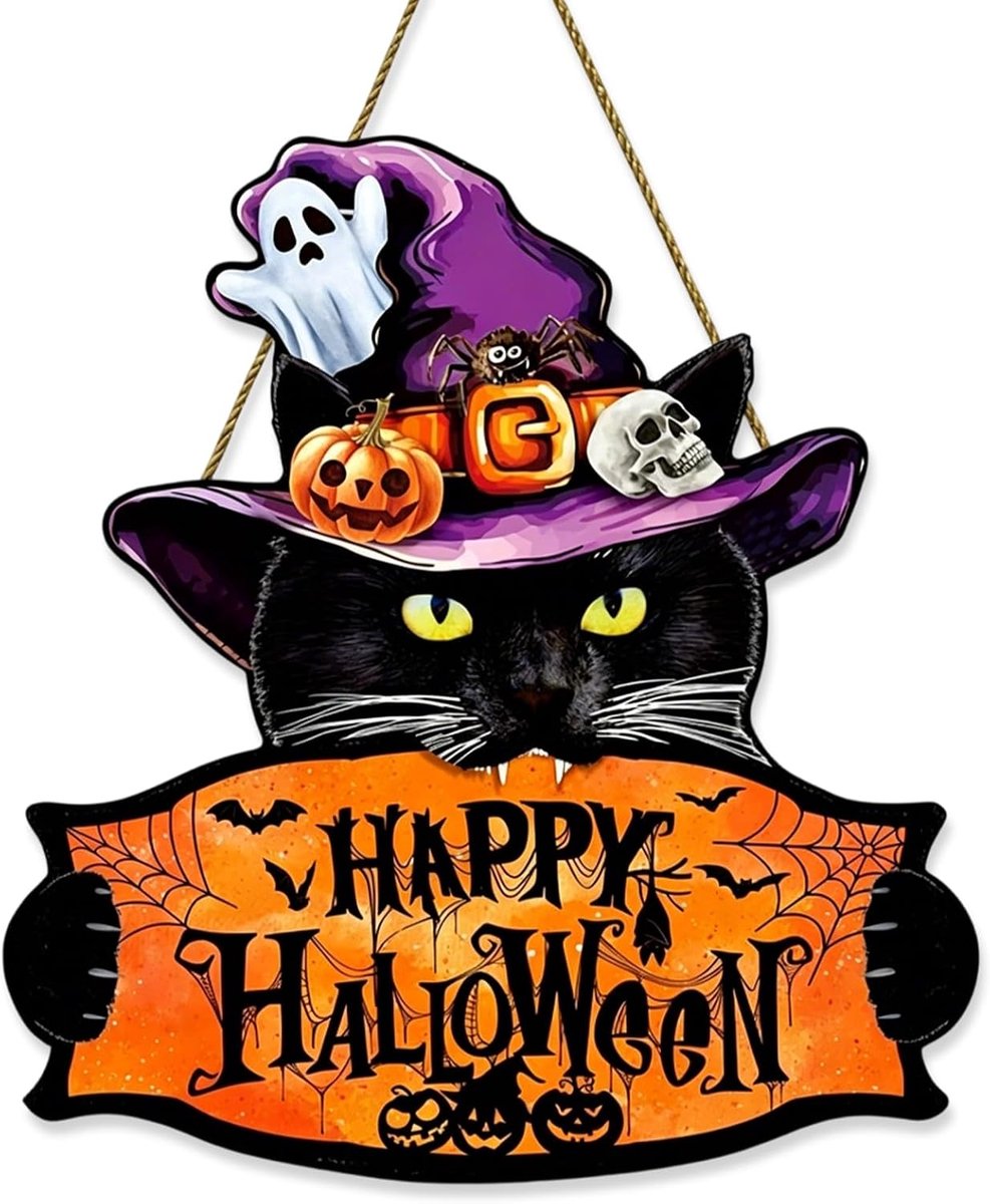 1 houten deurbordje met Halloween-thema, wanddecoratie met zwarte kat en de tekst "Happy Halloween" (20 x 20 cm)