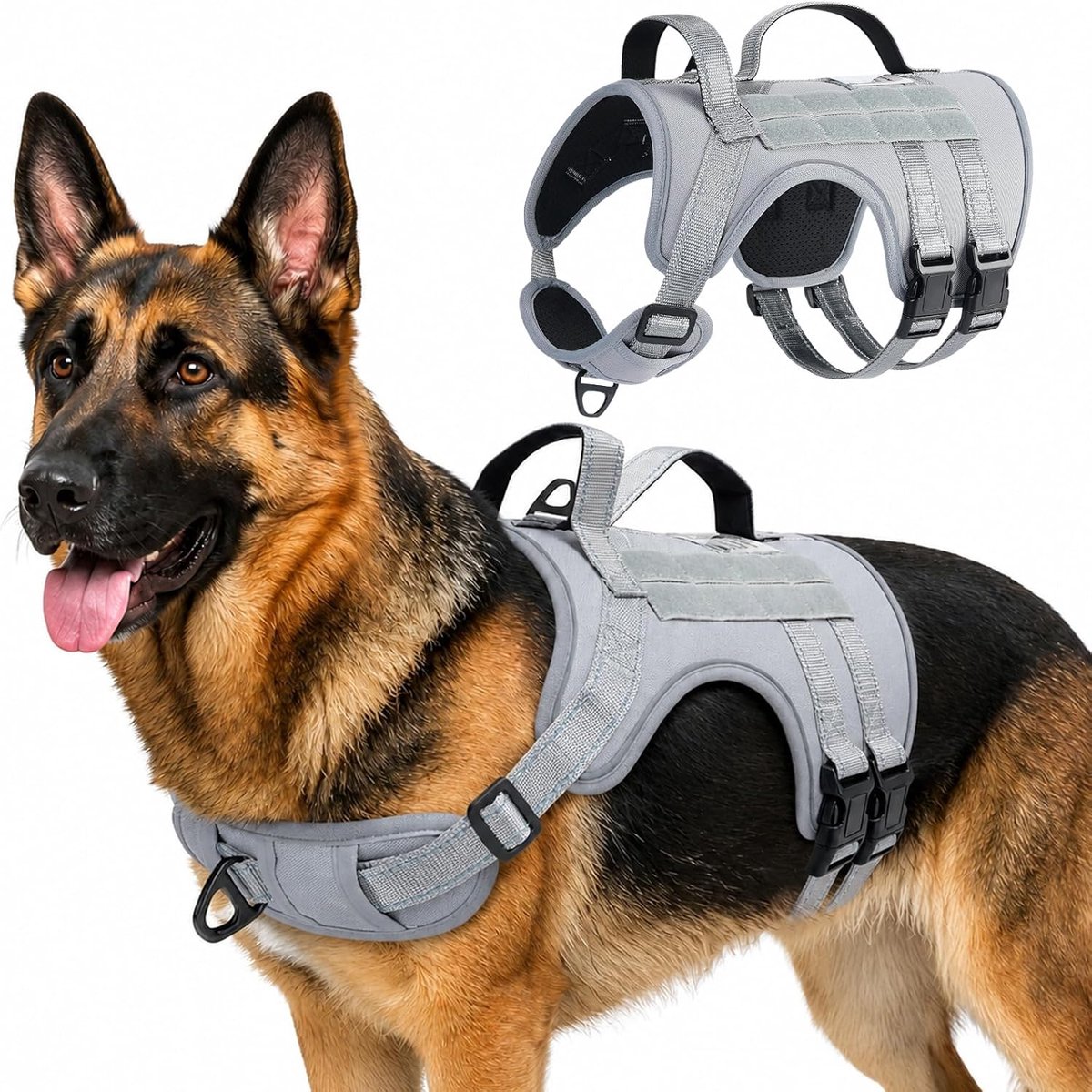 Hondenharnas, reflecterend, verstelbaar, gewatteerd, ademend hondenharnas voor middelgrote en grote honden, geen verstikking voor achter clips, service hondenvest harnas voor buiten