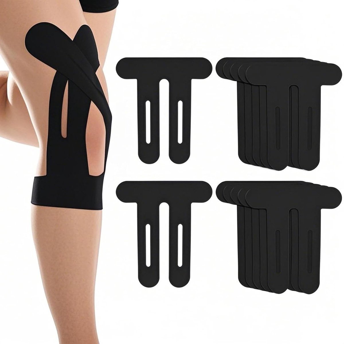 Kinesiotape voor Kniepijn, Ademend en Waterdicht, Elastische Fysiotape voor Sportblessures en Herstel, Vooraf Geknipt (Zwart)