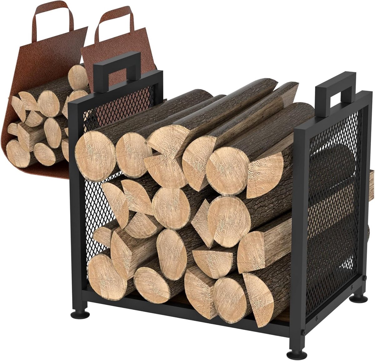 Stevige Houtenopslag voor Binnen met Leerdrager, 44 cm Metalen Blokhouder voor Haardhout, Compacte Houtstand voor Open Haard, Terras en Balkon, Zwart