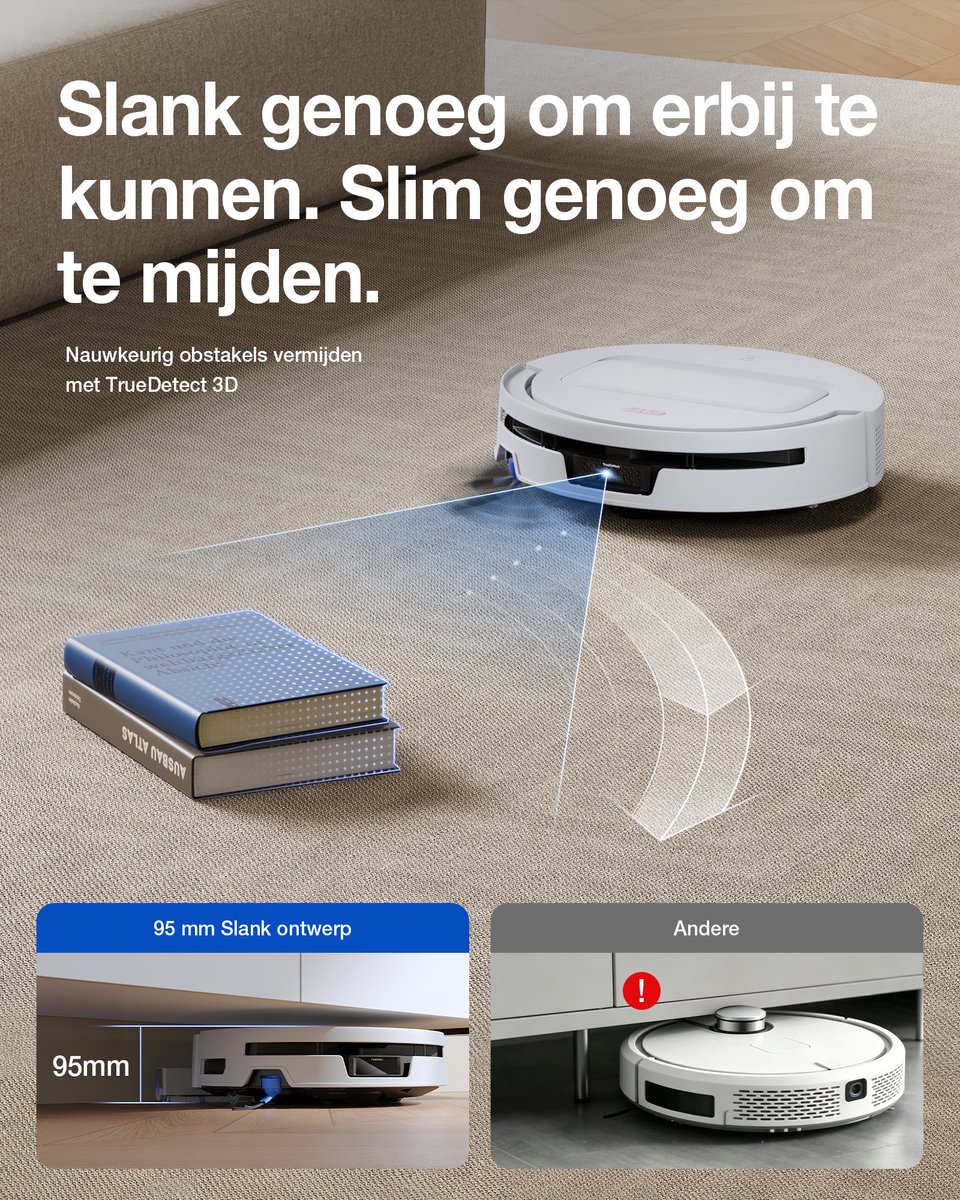 Ecovacs Deebot T90 Max Pro Omni – Robotstofzuiger Met Dweilfunctie – 40.000 Pa – 9,5 cm Ultradun – ZeroTangle 4.0 Anti-klit – Omni-Station – Wit thumbnail 5