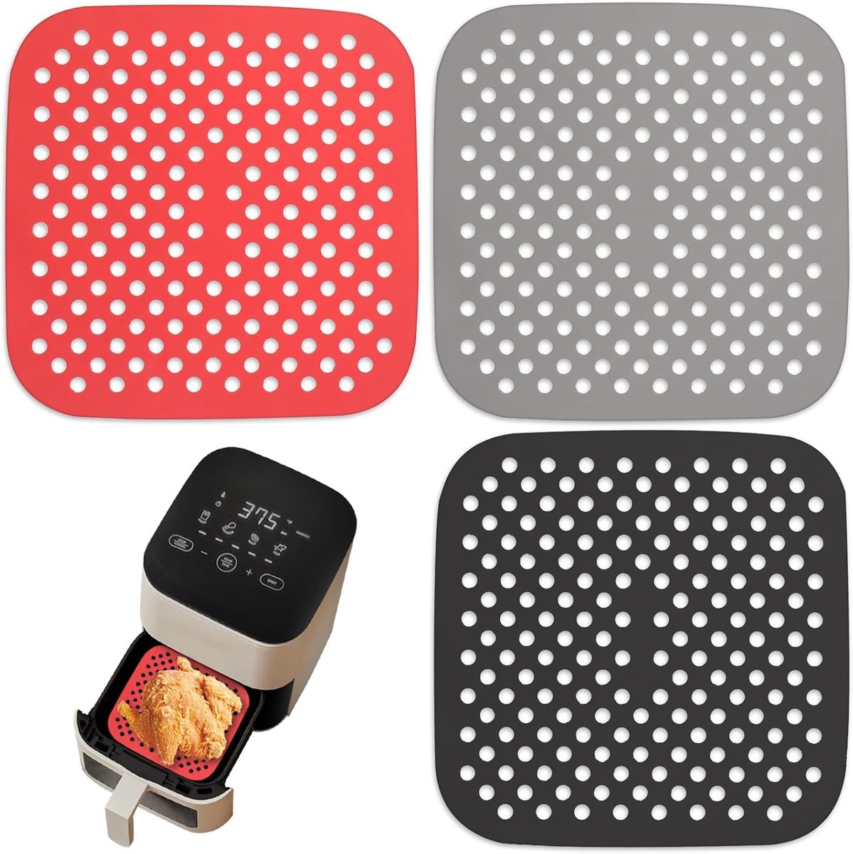 mat voor heteluchtfriteuse, 3 stuks, herbruikbare airfryer liner, luchtfriteuse pad, anti-aanbaklaag, siliconen, heteluchtfriteuse, vierkant, 21,5 cm, voor thuis, restaurant