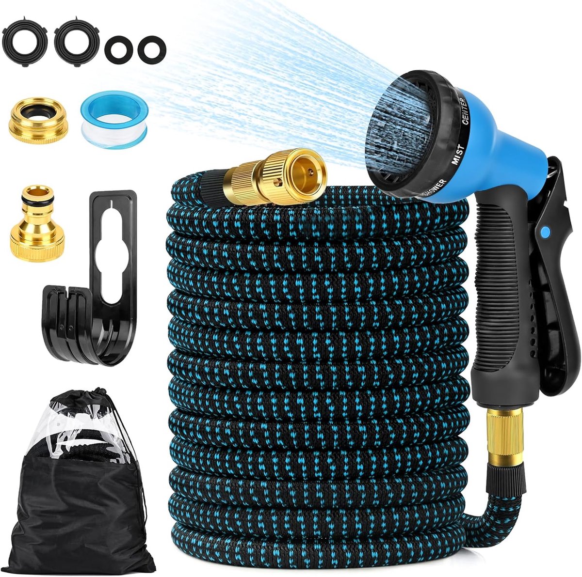 Tuinslang, flexibel, 30 m, uitbreidbare tuinslang, 1/2 en 3/4 kraanaansluiting, sproeikop met 8 functies, met opbergtas, slanghouder, waterslang voor tuin, camper (blauw)