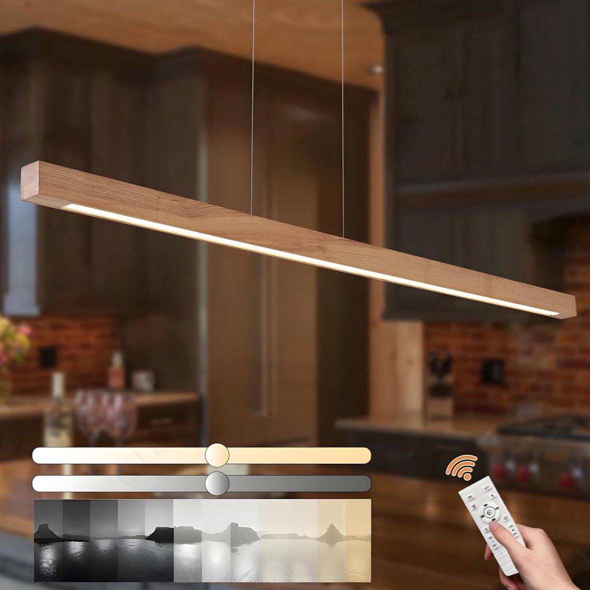 Houten Lineaire Kroonluchter, Dimbaar Licht Met Afstandsbediening, Ophangsnoer 150cm Verstelbaar, LED Modern Minimalistisch, Woonkamer Kantoor Eetkamer Keuken (Houtkleur 100cm)
