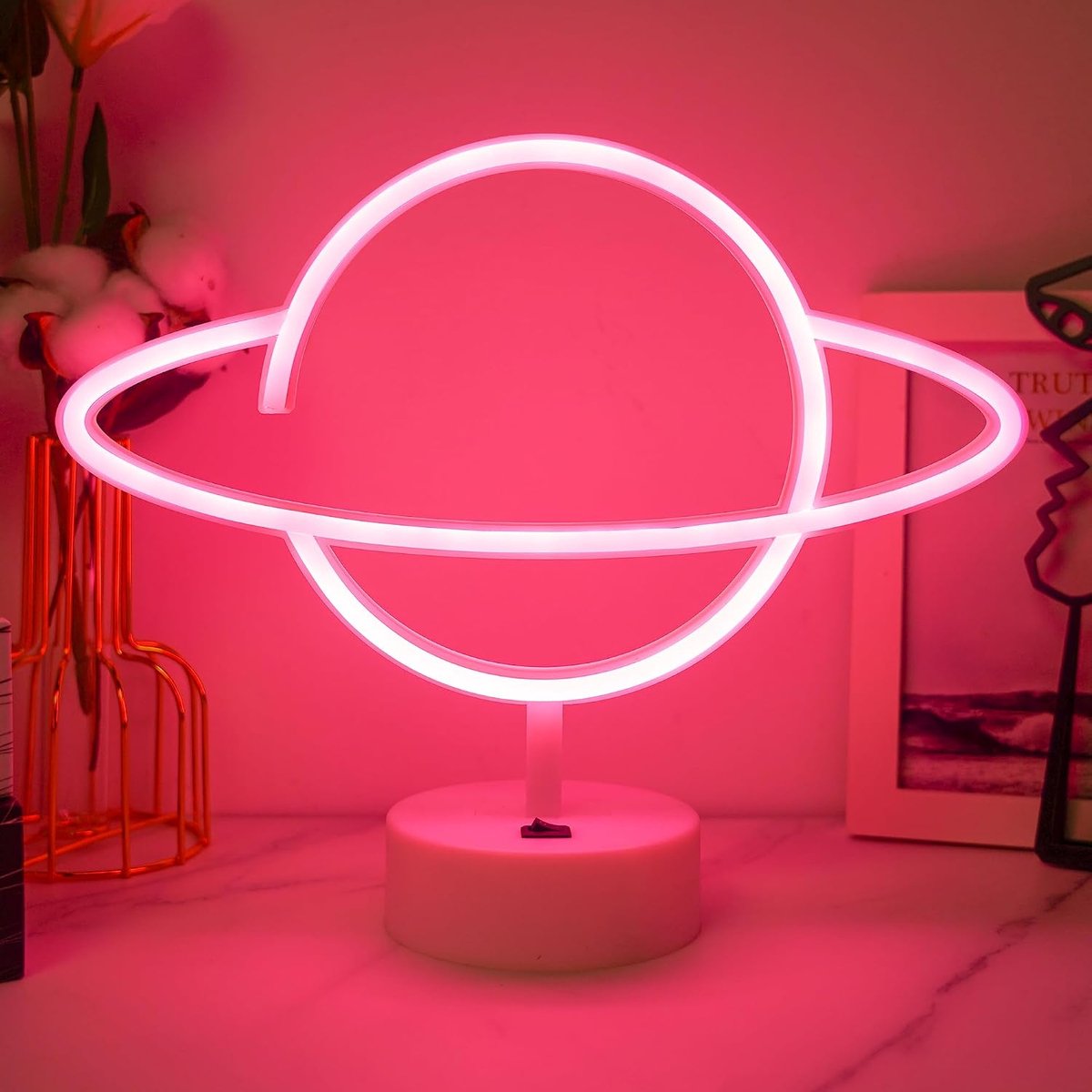 neonborden, roze planeet led-neonlichtbord, LED-lichtborden aangedreven door batterij/USB, slaapkamer nachtlampje neonborden met basis LED-neonlichtborden oplichten verjaardagsfeestje