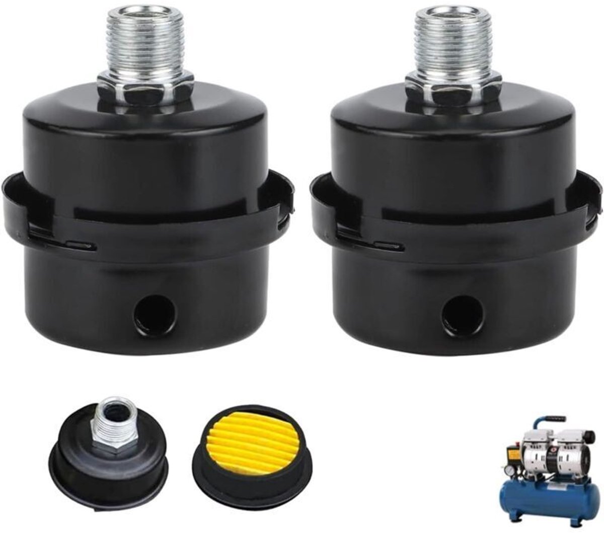 Een set van twee luchtfilters geschikt voor compressoren, geschikt voor geschikt vooralen geluiddempers en inlaatschroefdraad, geschikt voor luchtcompressoren, reserveonderdelen, luchtcompressoren en luchtfilters.