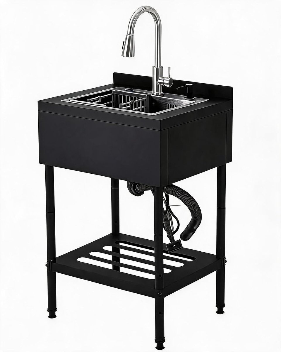 Vrijstaande Rvs spoelbak 65x53x100 cm - met kraan en waterslangen - voor professionele keuken en buitenkeuken - Zwarte spoelbak
