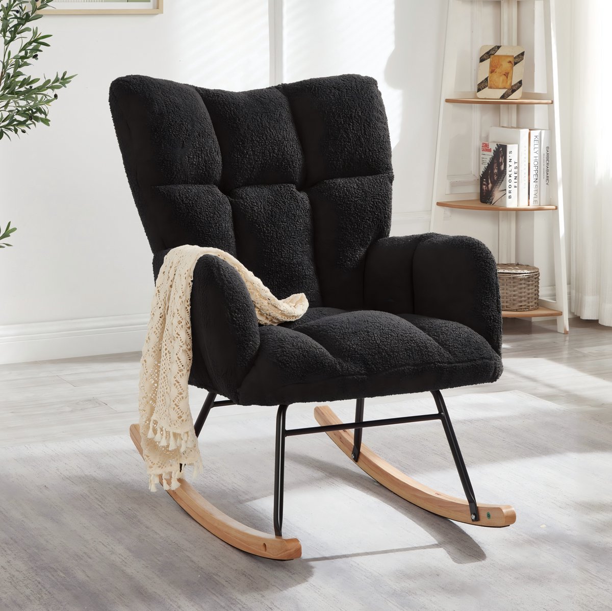 MEUNIQ Schommelstoel met armleuningen 69 x 89 x 101 cm, zachte polyester bekleding, houten schommelonderstel en metalen frame, donkergrijs