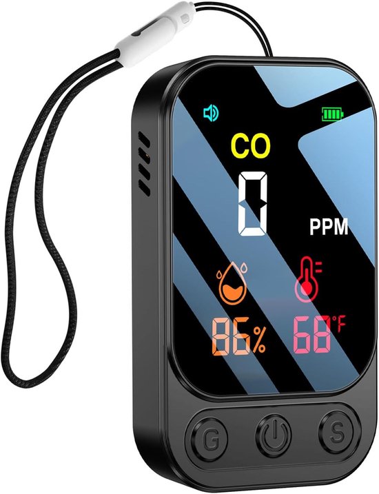 Koolstofmonoxide Melder - Digitaal LCD‑Display - Gasdetector voor Thuis - 0‑999 PPM meetbereik - Compact Luchtkwaliteitsmeter - Temperatuur meter - Luchtvochtigheidsmeter - Geschikt voor camper en meerdere woonruimtes - Zwart - Draagbare constructie