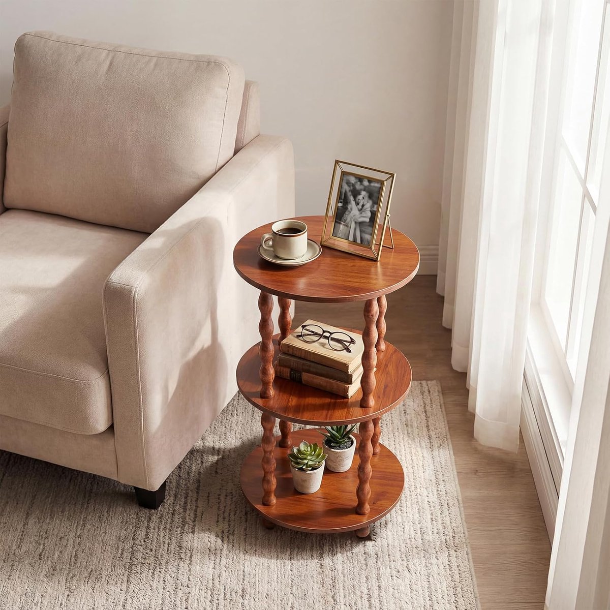Ronde bijzettafel met 3 lagen - spiraalvormige houten poten - vintage stijl, ook als nachtkastje voor woonkamer en slaapkamer - bruin