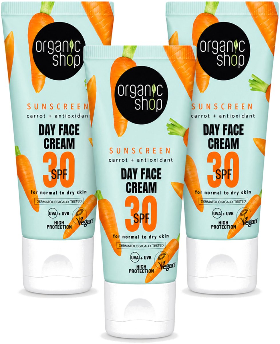 3 x Organic Shop - Zonnebrandcrème Gezicht SPF 30 - Normale Huid - 50 ml - Voordeelverpakking - 3 stuks