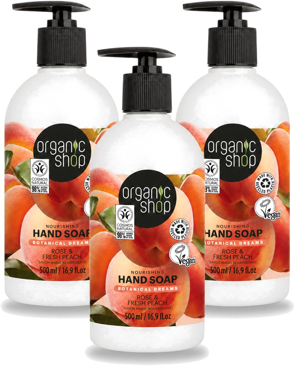 3 x Organic Shop - Handzeep Rose & Peach - Verzorgend en Hydraterend - 500 ml - Voordeelverpakking - 3 stuks
