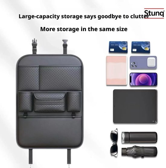 Stunq® Autostoel Organizer van PU-leer met Meerdere Vakken en Bekerhouder, Zwart — afbeelding 3