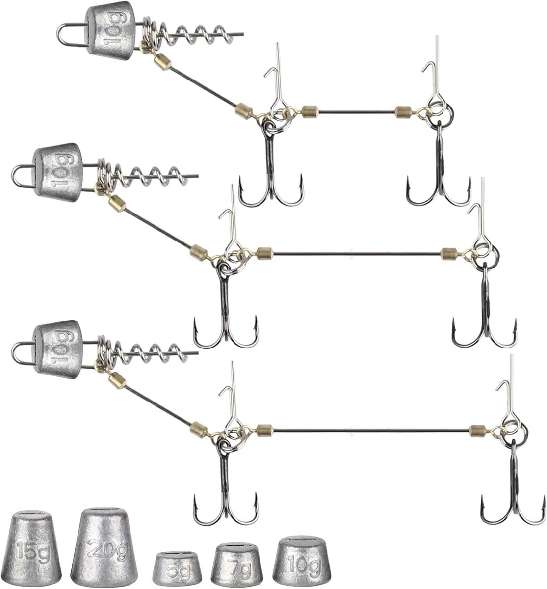 Set van 3 Stinger Haken met Voorzak Systeem en 5 Verwisselbare Gewichten, Ideaal voor Snoekvissen met Rubber Vissen en Jigkoppen in Maten 10, 13, 18 cm, S, M, L