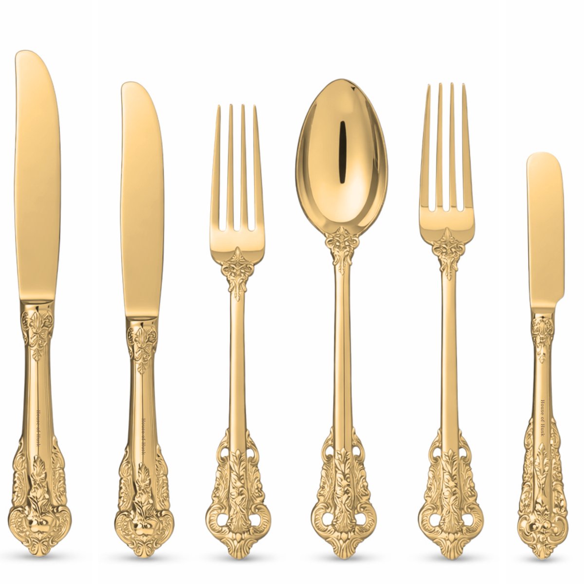House of Husk 1 Persoons Set Klassiek Bestekset 6 Delig - Goud - RVS - Vaatwasserbestendig - Vintage Look Bestek - Eetlepel - Tafelvork - Tafelmes - Botermes