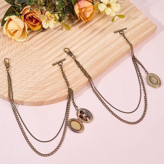 2 stuks zakhorloge kettingen messing enkele Albert ketting met medaillon hanger pak portemonnee kettingen T bar mannen zaklink antiek brons vintage Albert ketting met T-bar, lengte: 35,3 — afbeelding 4