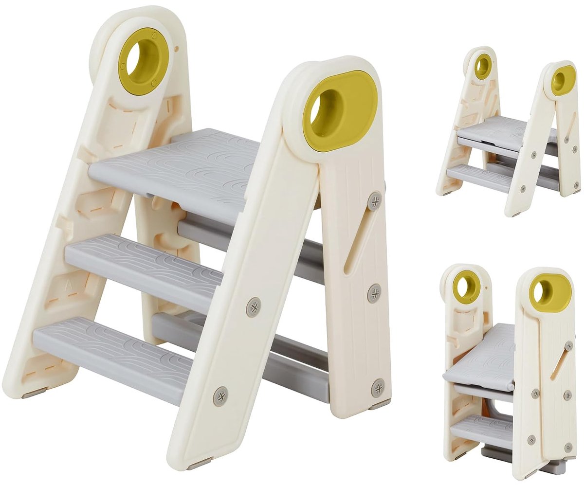 Opvouwbaar kinderopstapje met handgrepen - 3 verstelbare treden - antislip - voor badkamer, keuken en zindelijkheidstraining, Geel