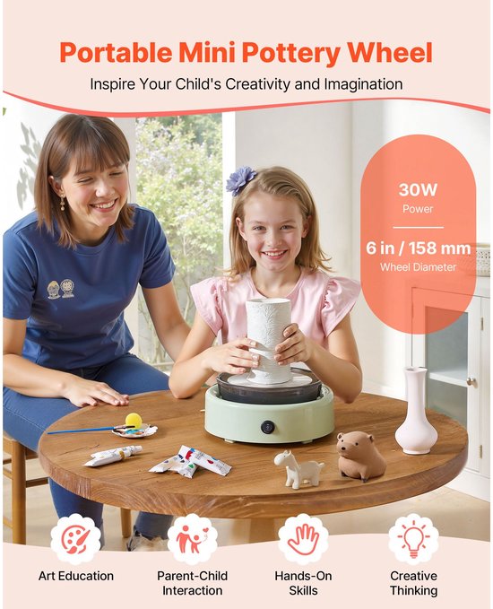 Mini draaischijf voor pottenbakken- 158 mm draaiplateau- voorwaartse en achterwaartse rotatie- instelbare snelheid- elektrische kleischijf voor kinderen en beginners- met vormgereedschap- voor thuisgebruik- pottenbaklessen- groen — afbeelding 3