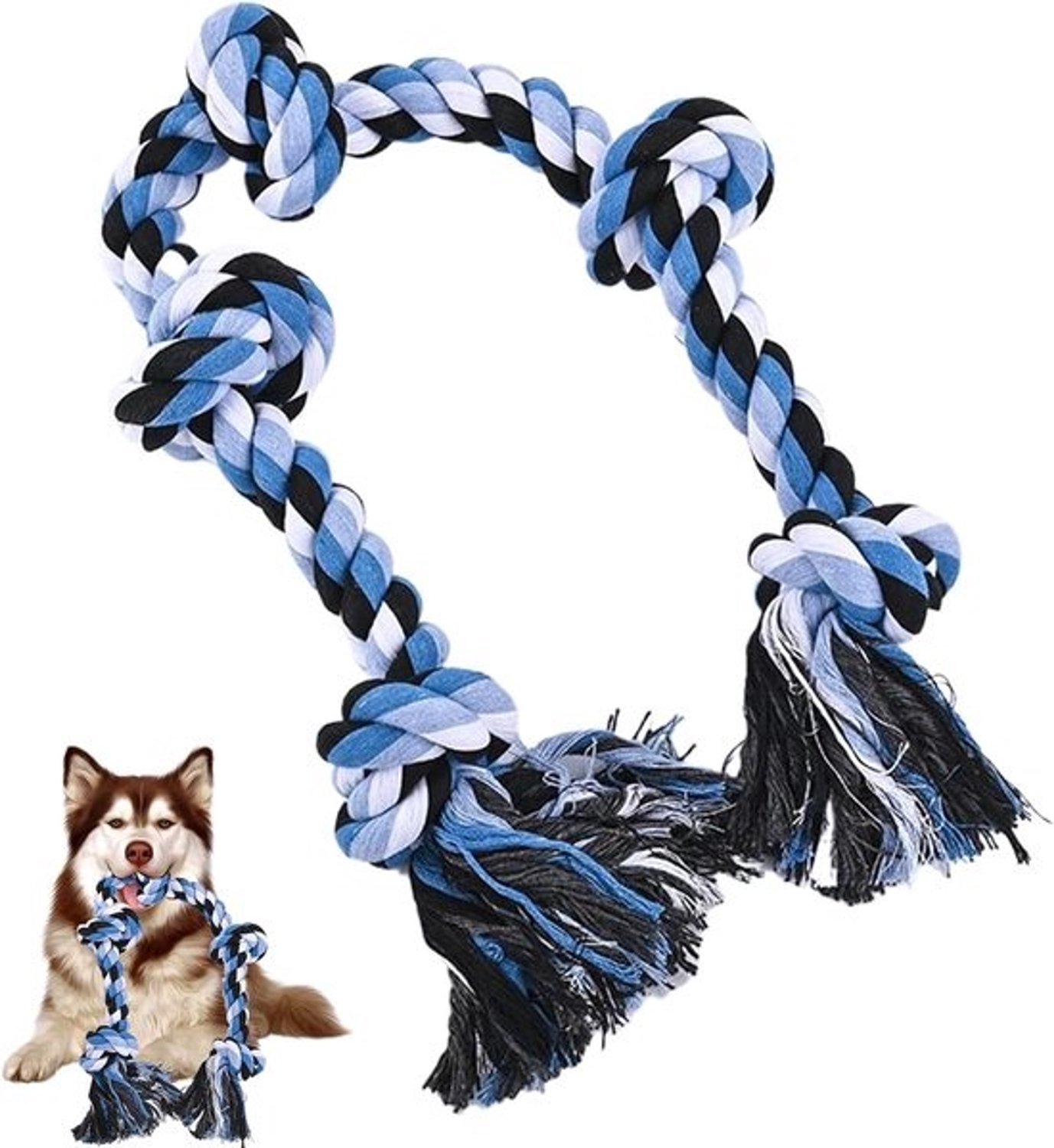 Hondentouw - Kauwspeelgoed en trekspel - Interactief spel - Robuust materiaal - 90 cm - Blauw en wit