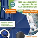 Donkerblauwe zweefparasol met LED, aluminium frame, weerbestendig polyester en bevestigingslus.