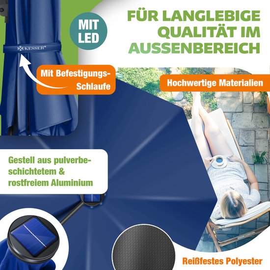 Donkerblauwe zweefparasol met LED, aluminium frame, weerbestendig polyester en bevestigingslus.
