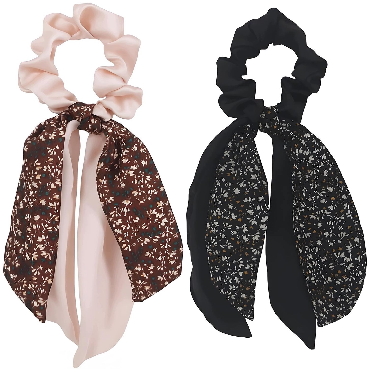 Set van 2 Scrunchies met Bloemige Strik - Zwart & Beige