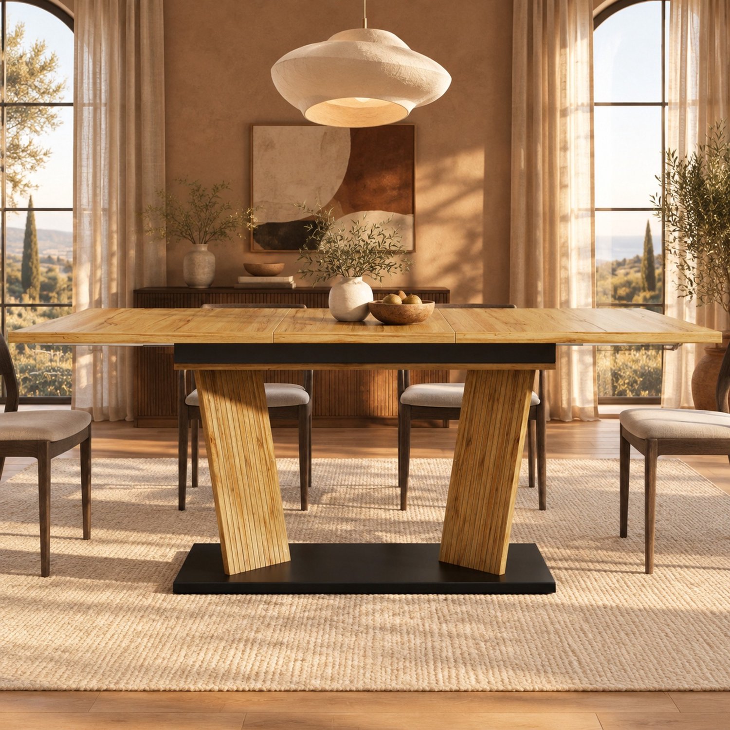 HAUSS SPOLE Uitrekbare Eettafel - Modern Ontwerp Met Verstelbare Antislipvoetjes - Voor Eetkamer En Kleine Ruimtes - MDF Metaal - 120-160 x 80 x 76 cm - Eiken