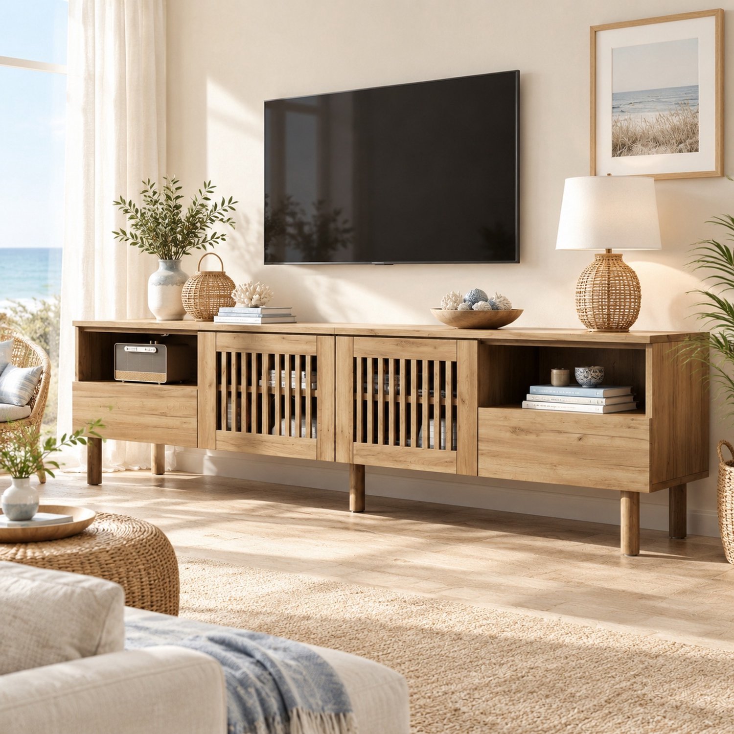 MODENUIT TV-Meubel - 2 Deuren En 2 Lades - Voor Televisies 55-75 Inch - MDF - 180x40x51 Cm - Houtkleur Natuurlijke houtkleur