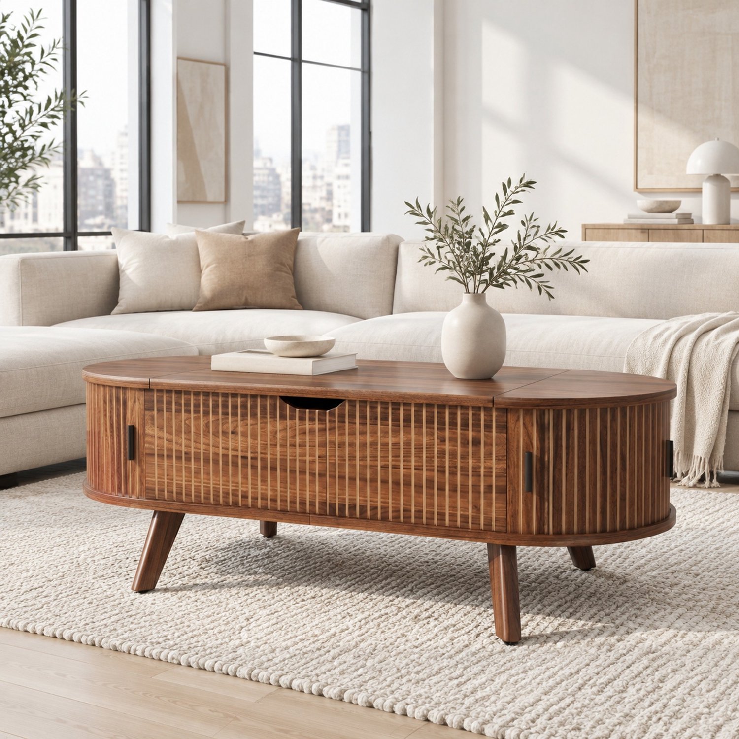 DESMIU Salontafel - Ovaal Met In Hoogte Verstelbaar Blad En Verborgen Opbergruimte - Voor Woonkamer - MDF - Walnoot - 110x50x53,5 Cm