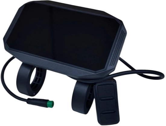 Zwart display met stuurbevestiging, bedieningsknop en groene connector.