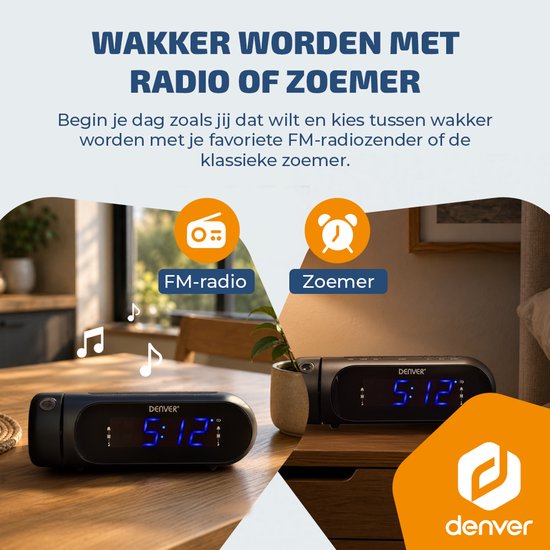 Zwarte Denver wekkerradio met blauw display 05:12, naast een FM-radio icoon en een wekker icoon.