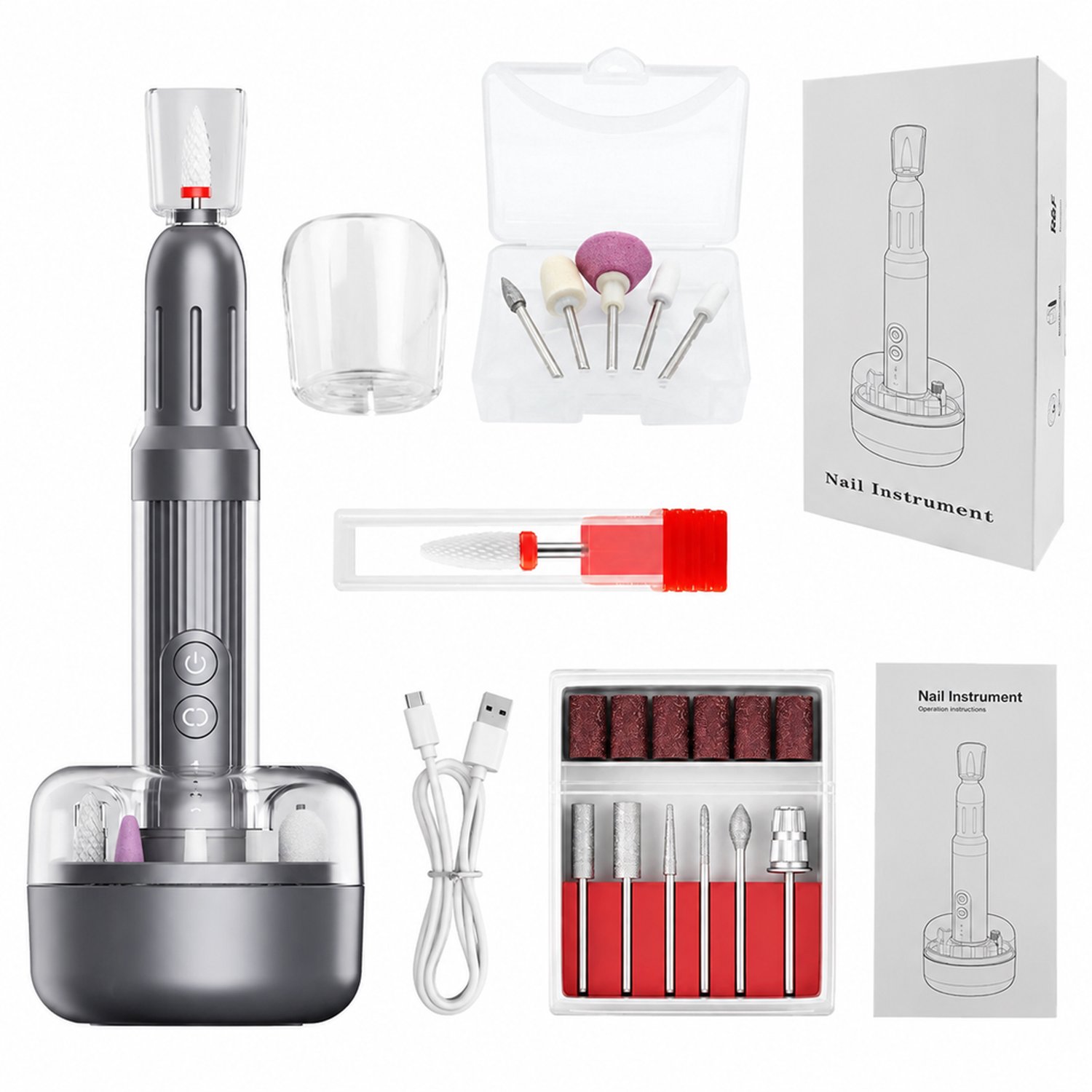 elektrische nageltrimmer - M3 - voor nagelslijpen en verwijderen - 12 slijpkoppen en 36 schuurbanden - nagelfrees