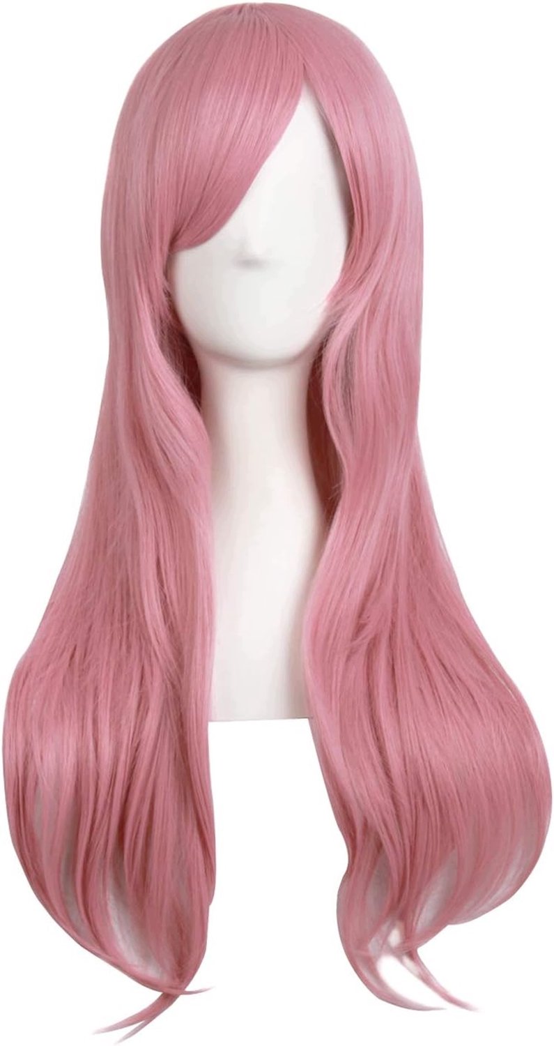 Roze Lange Golvende Pruik 70cm met Pony - Cosplay & Natuurlijk