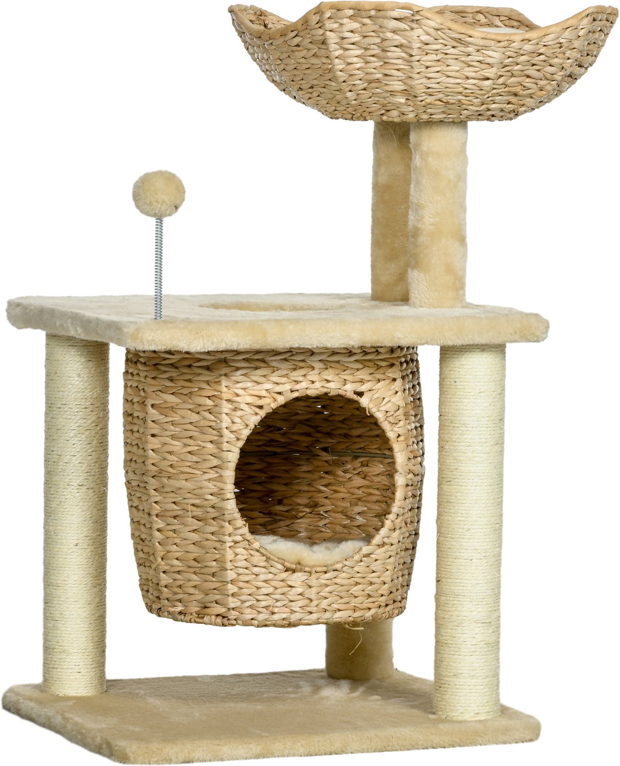 Pawona Krabpaal - Met kattenhuis, ligmand en speelbal - 45 x 40 x 74 cm - Beige