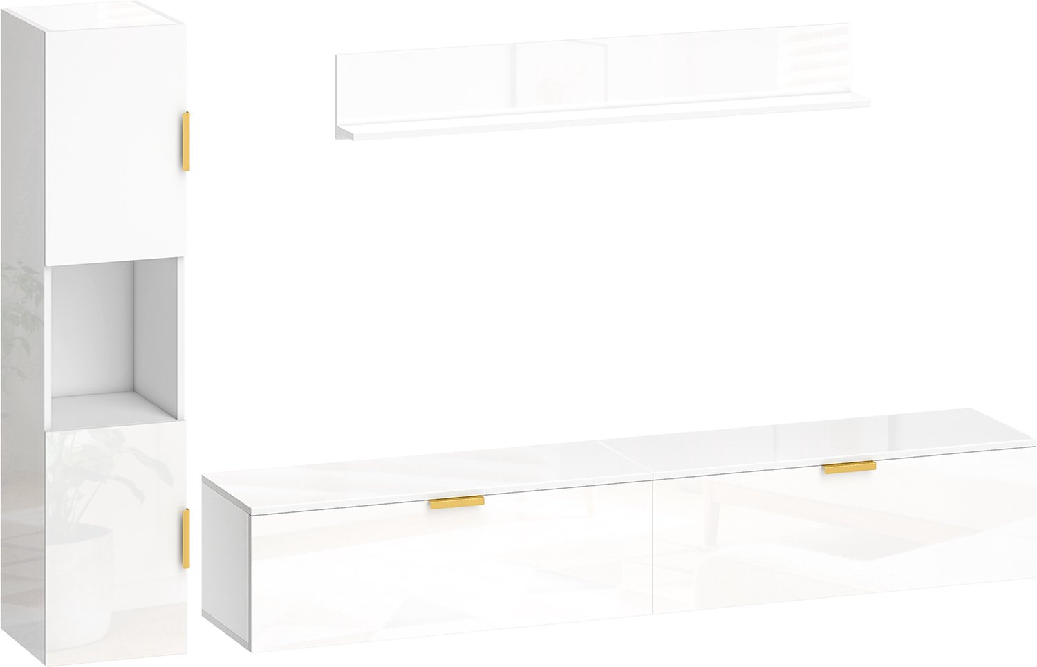 Homona Zwevend tv-meubelset - 3-delig met wandregal en zijkast - Hoogglans wit - 180 x 33 x 30 cm